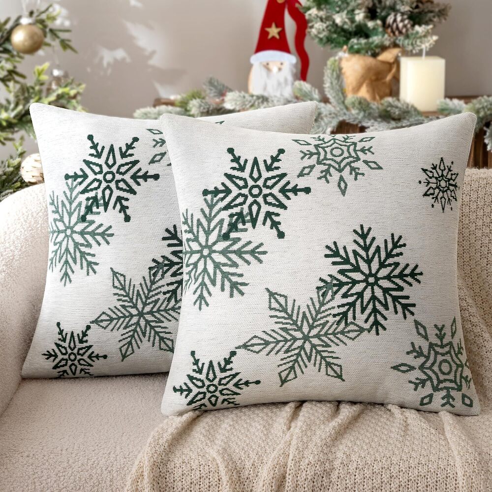 4234 Set of 2 Chenille Christmas Snowflake Throw Pillow Covers 18x18 Inch